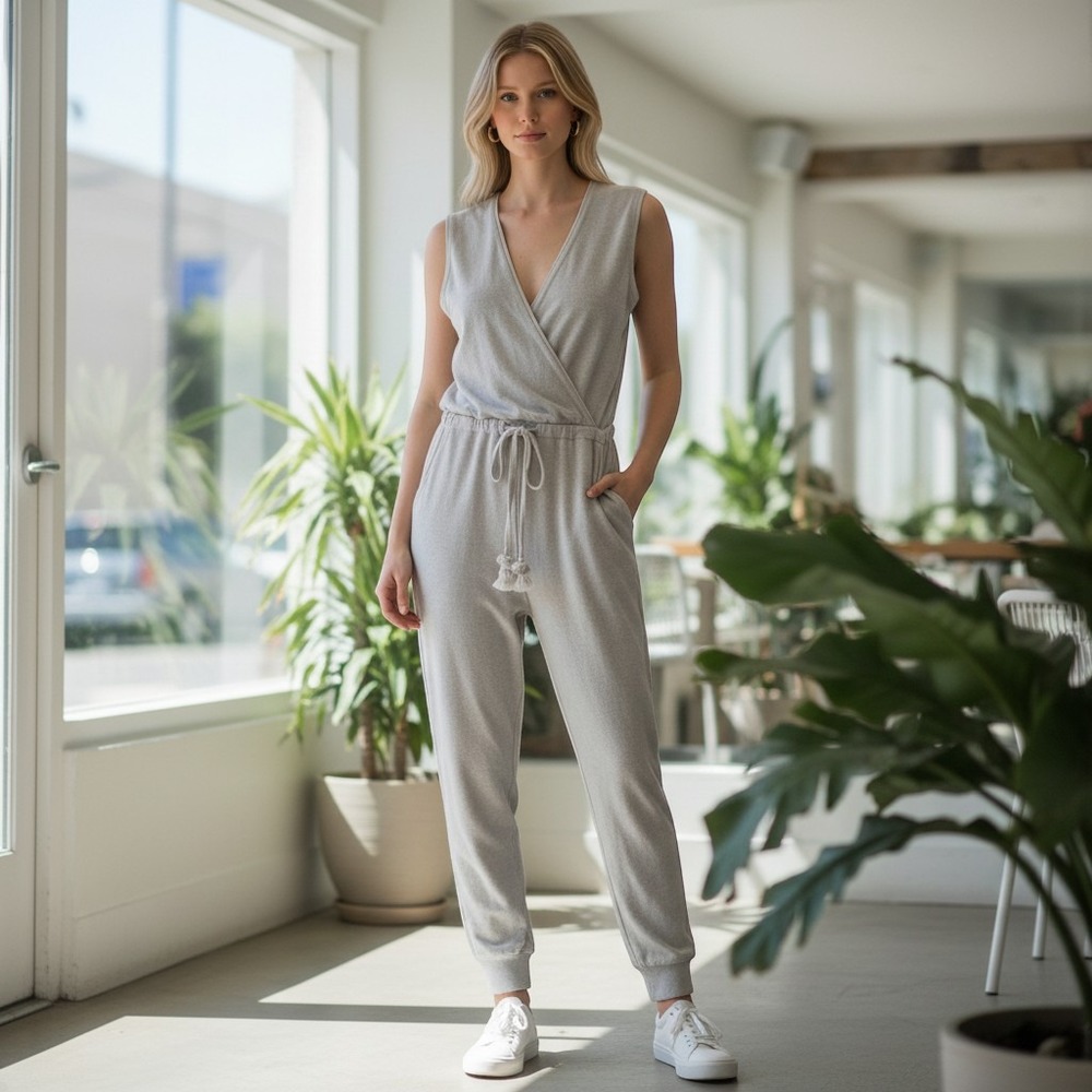 YFB Young Fabulous & Broke Gray Sleeveless V-Neck Drawstring Jogger Jumpsuit M